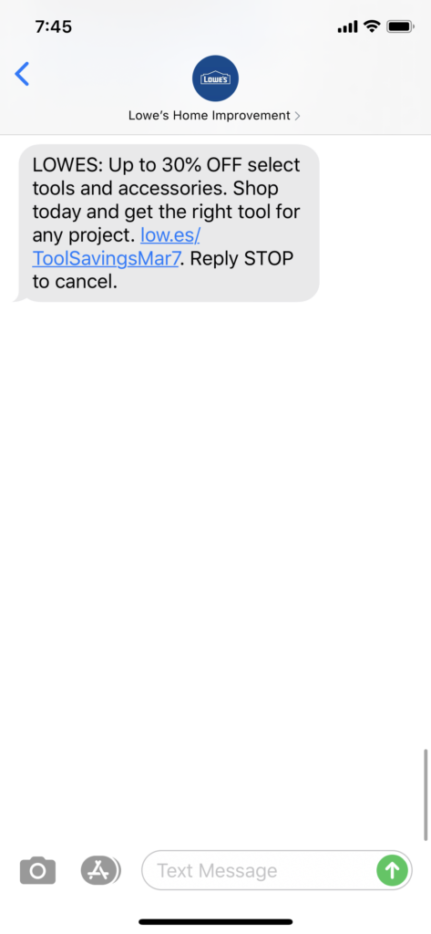 Lowe’s Text Message Marketing Example - 03.05.2020
