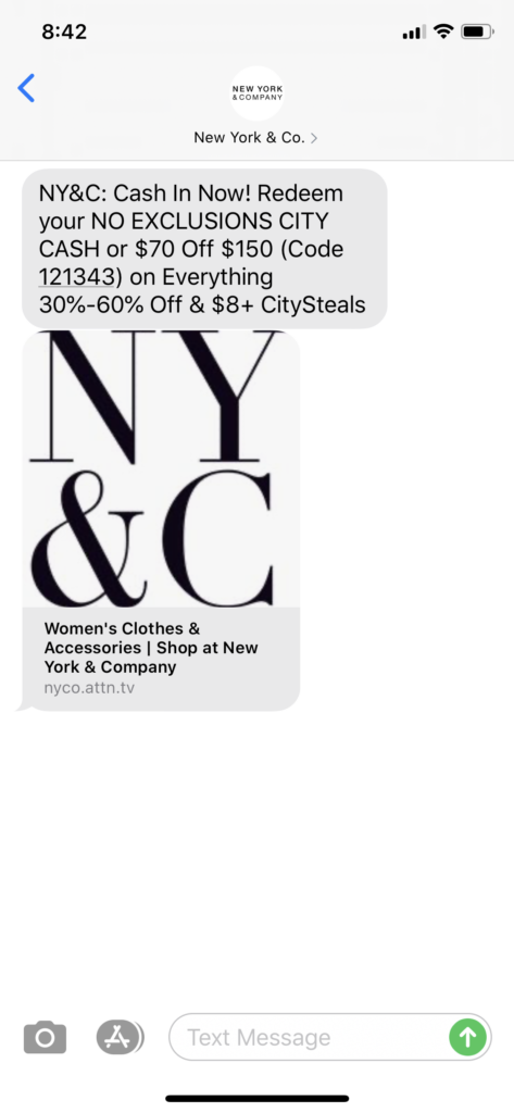 New York & Co. Text Message Marketing Example - 04.22.2020