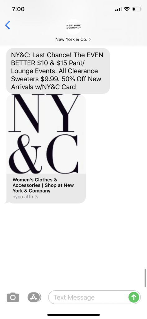 New York and Co Text Message Marketing Example - 02.12.2020