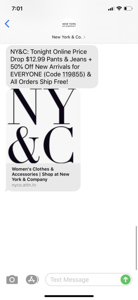 New York and Co Text Message Marketing Example - 03.12.2020