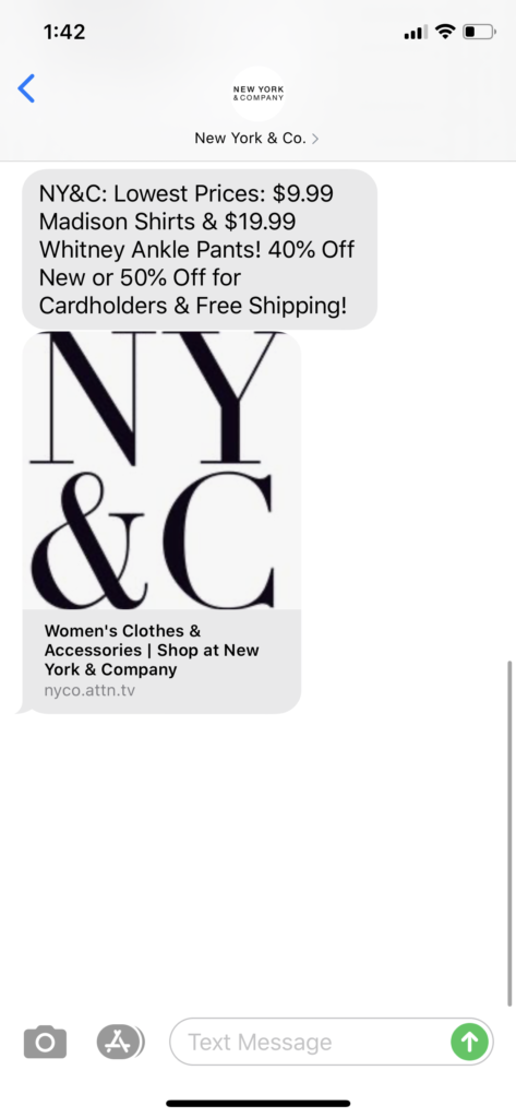 New York and Co Text Message Marketing Example - 03.31.2020