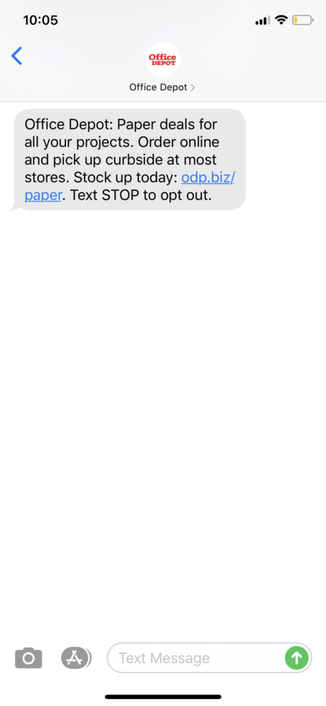 Office Depot Text Message Marketing Example - 04.16.2020