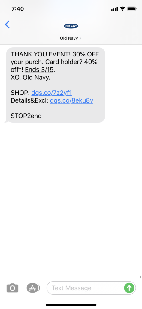 Old Navy Text Message Marketing Example - 03.11.2020