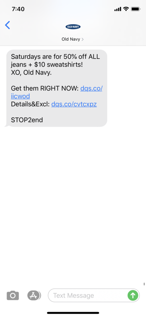 Old Navy Text Message Marketing Example - 03.21.2020