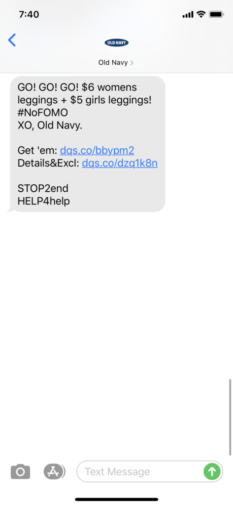 Old Navy Text Message Marketing Example - 03.27.2020