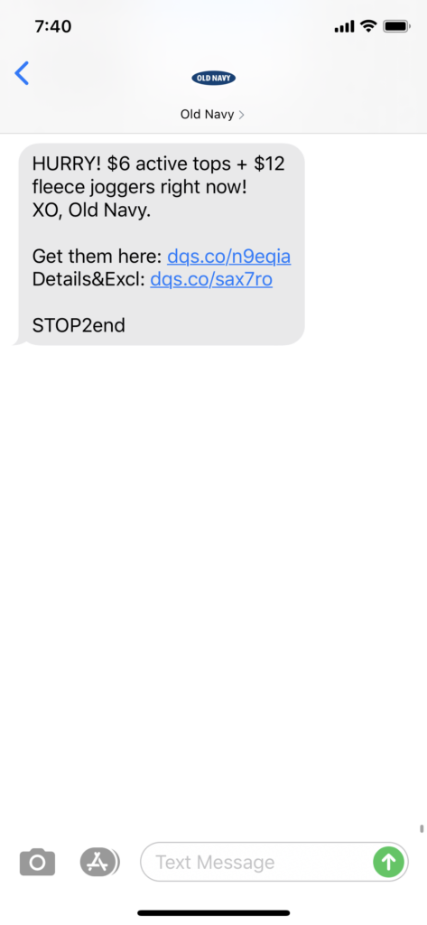 Old Navy Text Message Marketing Example - 03.31.2020