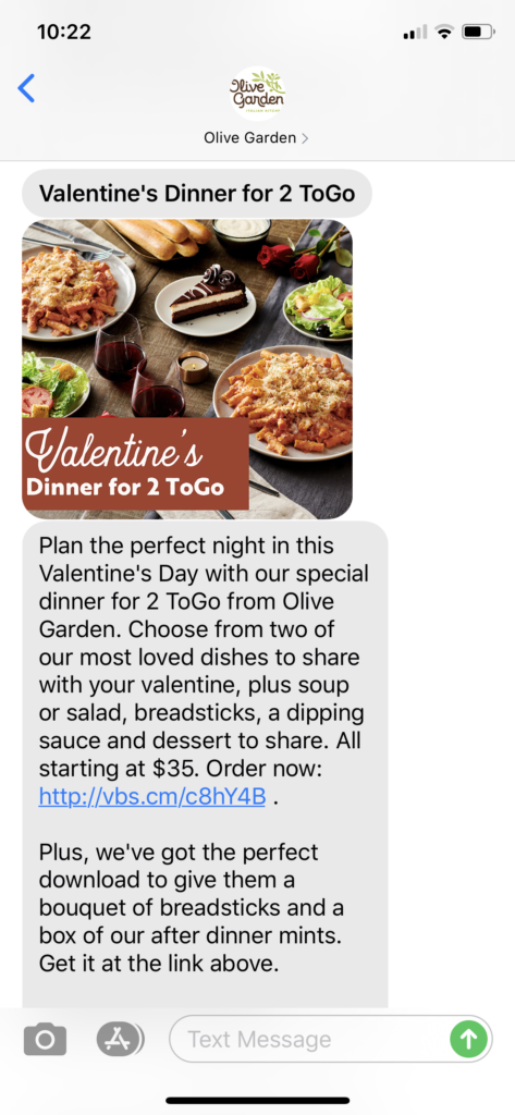 Olive Garden Text Message Marketing Example - 02.10.2020