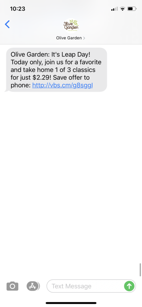 Olive Garden Text Message Marketing Example - 02.29.2020