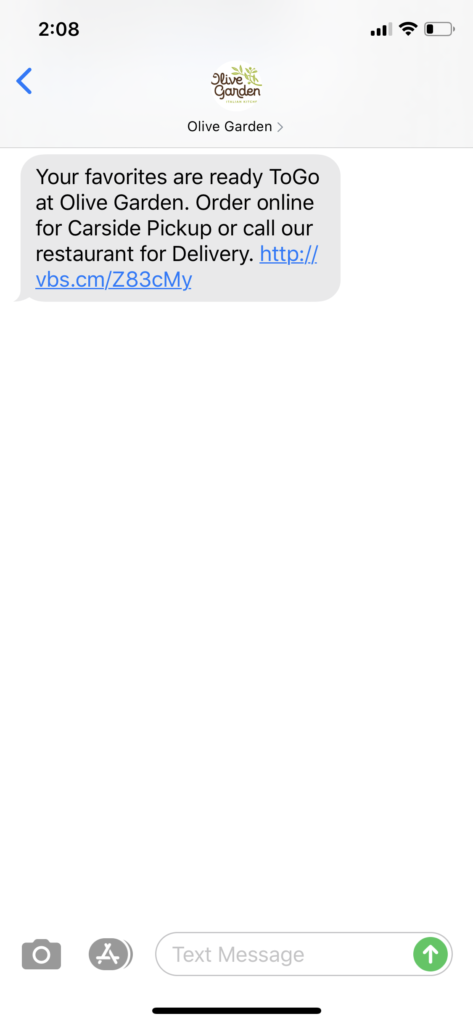 Olive Garden Text Message Marketing Example - 03.25.2020