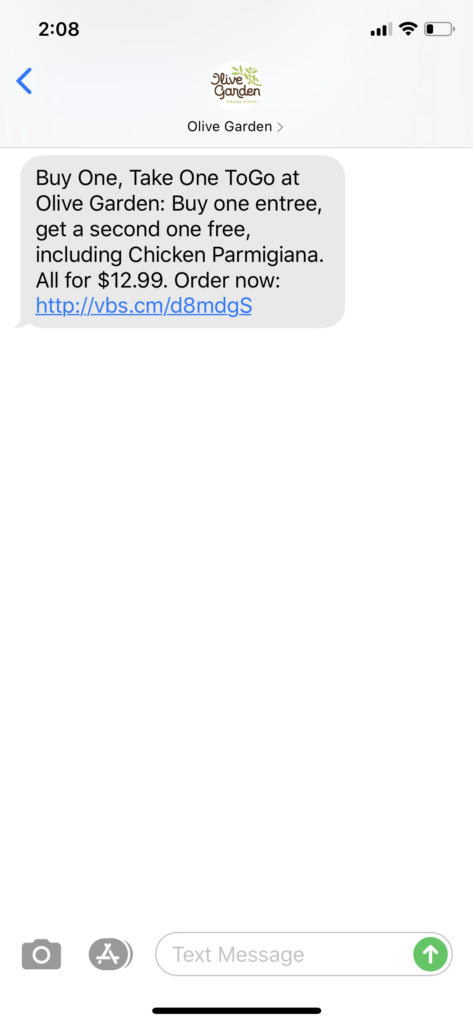 Olive Garden Text Message Marketing Example - 03.29.2020