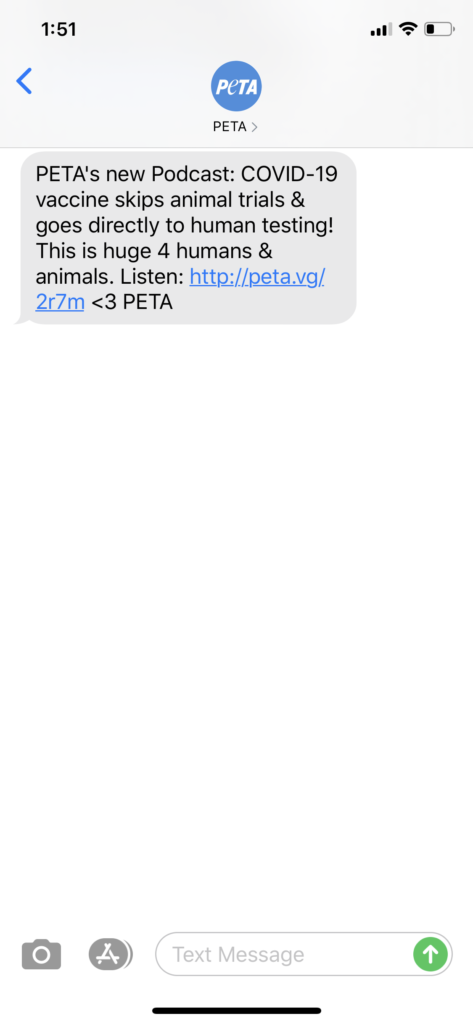 PETA Text Message Marketing Example - 03.12.2020