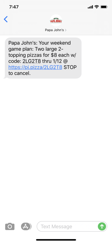 Papa John's Text Message Marketing Example - 01.09.2020
