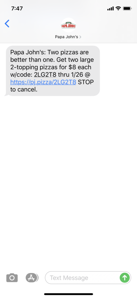 Papa John's Text Message Marketing Example - 01.23.2020