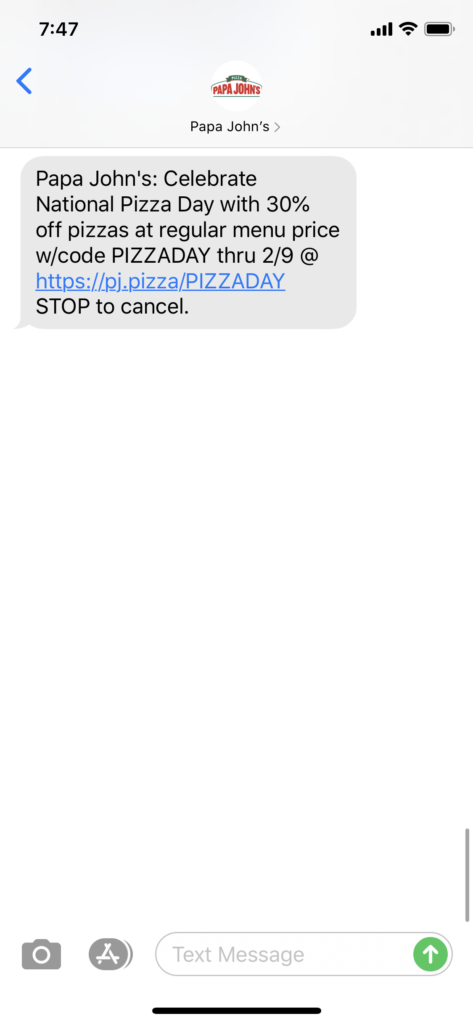 Papa John's Text Message Marketing Example - 02.08.2020