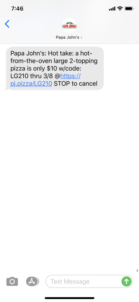 Papa John's Text Message Marketing Example - 03.08.2020