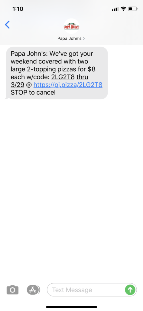 Papa John's Text Message Marketing Example - 03.27.2020