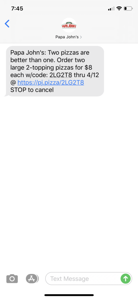 Papa John’s Text Message Marketing Example - 04.11.2020