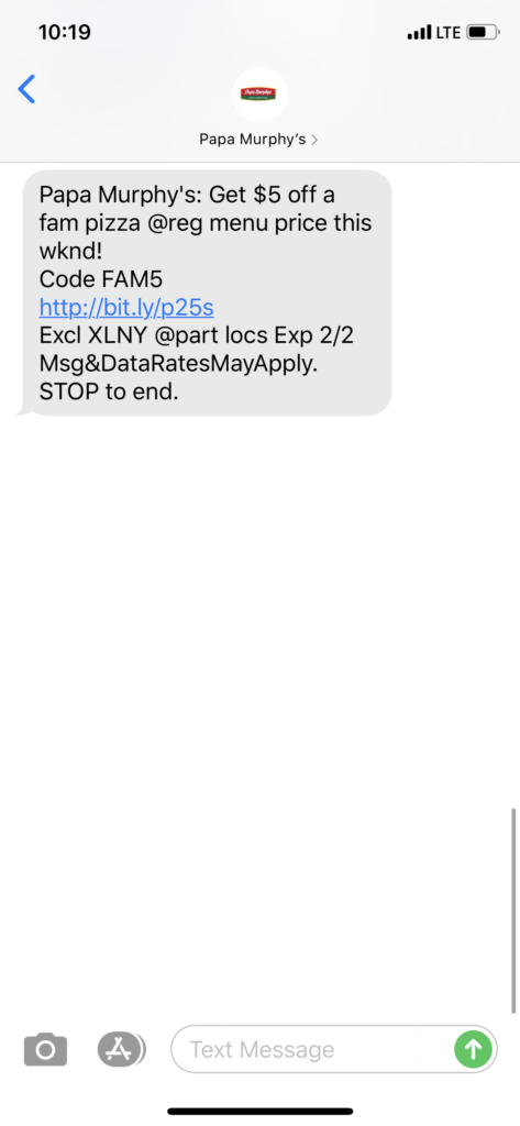 Papa Murphy’s Text Message Marketing Example - 01.31.2020
