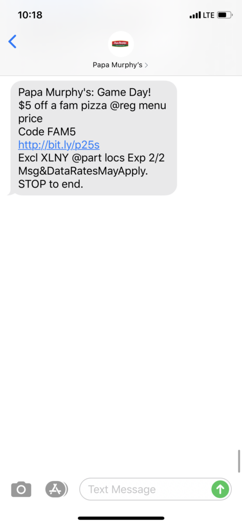 Papa Murphy’s Text Message Marketing Example - 02.02.2020