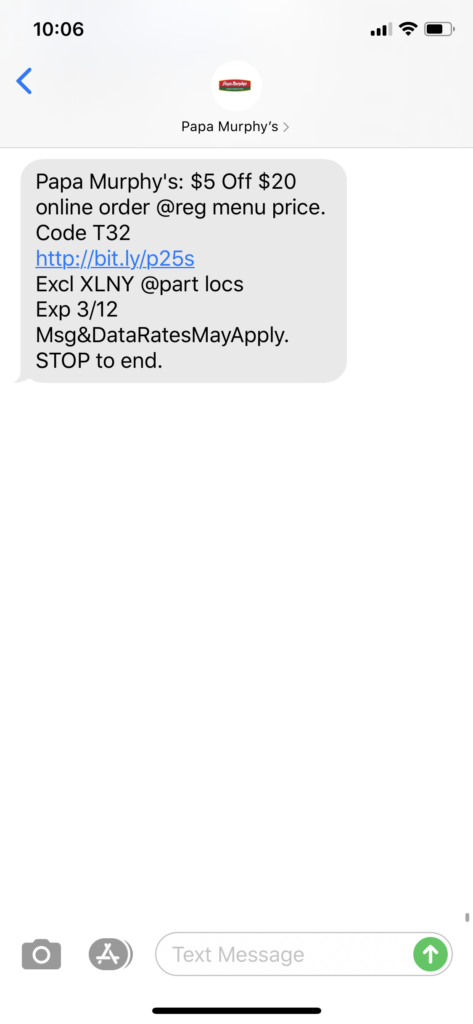 Papa Murphy’s Text Message Marketing Example - 03.10.2020