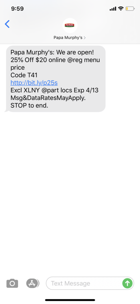 Papa Murphy’s Text Message Marketing Example - 04.11.2020