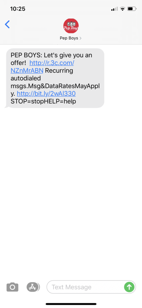 Pep Boys Text Message Marketing Example - 02.10.2020