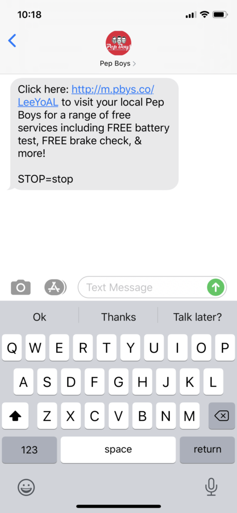Pep Boys Text Message Marketing Example - 02.28.2020