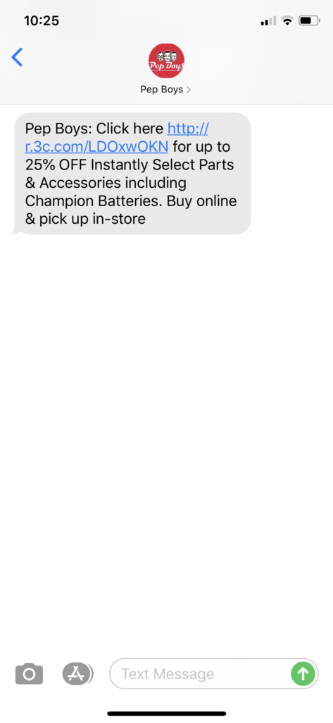 Pep Boys Text Message Marketing Example - 03.05.2020