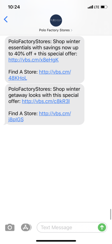 Polo Factory Stores Text Message Marketing Example - 01.20.2020