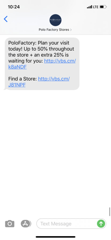Polo Factory Stores Text Message Marketing Example - 02.05.2020
