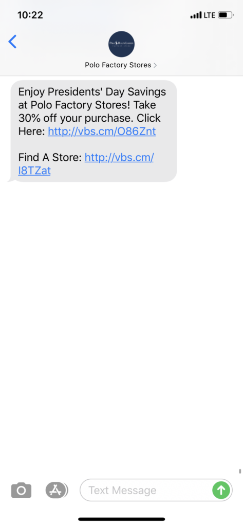Polo Factory Stores Text Message Marketing Example - 02.15.2020