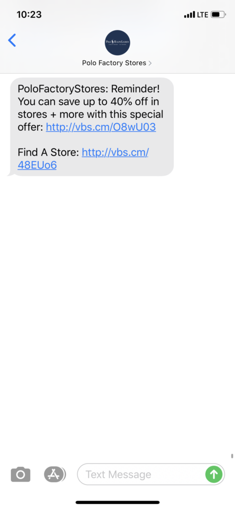Polo Factory Stores Text Message Marketing Example - 02.27.2020