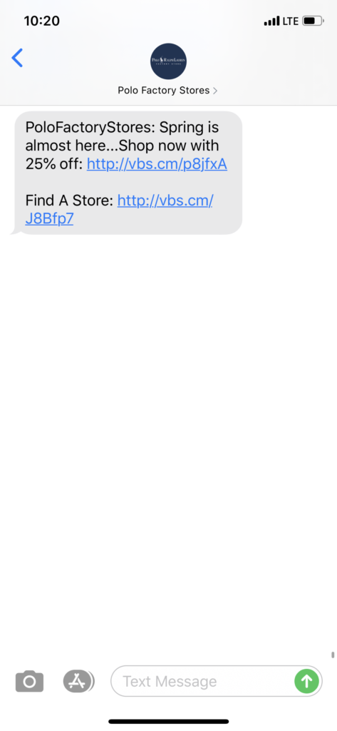 Polo Factory Stores Text Message Marketing Example - 03.13.2020