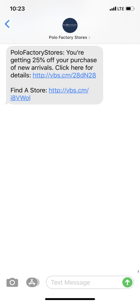 Polo Factory Stores Text Message Marketing Example - 03.14.2020