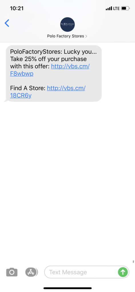 Polo Factory Stores Text Message Marketing Example - 03.17.2020