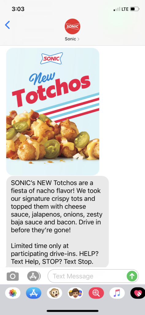 Sonic Text Message Marketing Example - 03.03.2020