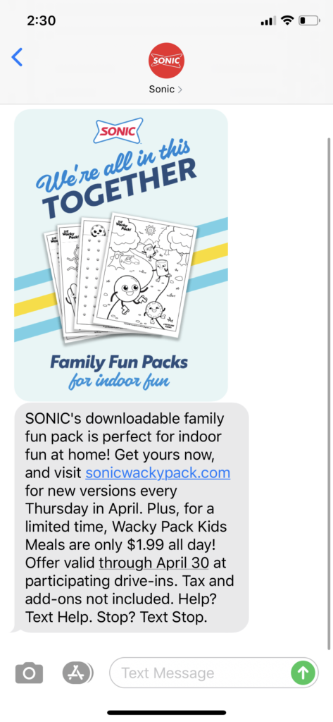 Sonic Text Message Marketing Example - 04.06.2020