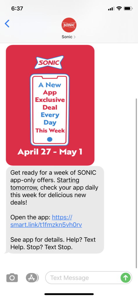 Sonic Text Message Marketing Example - 04.26.2020