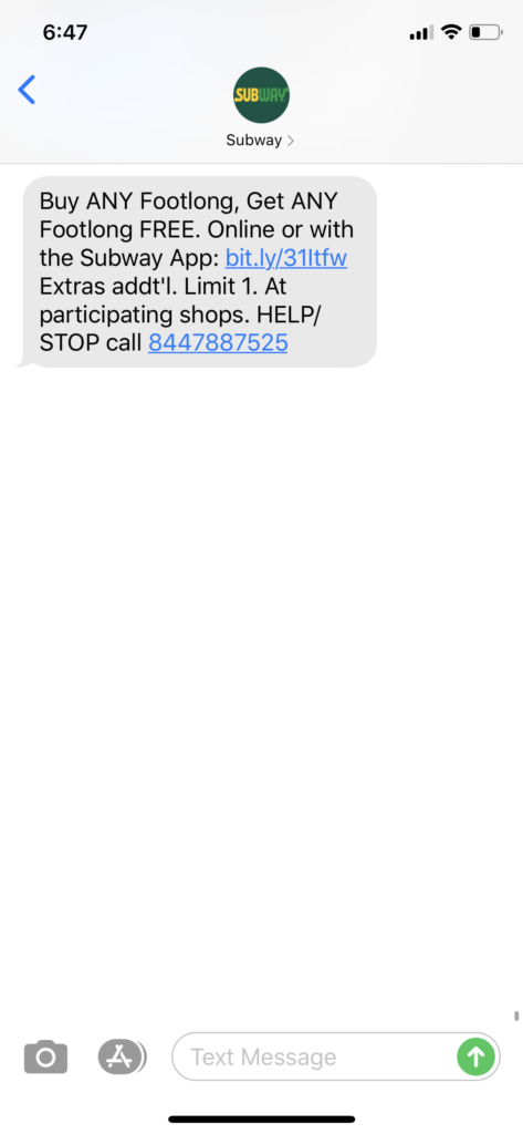 Subway Text Message Marketing Example - 02.10.2020