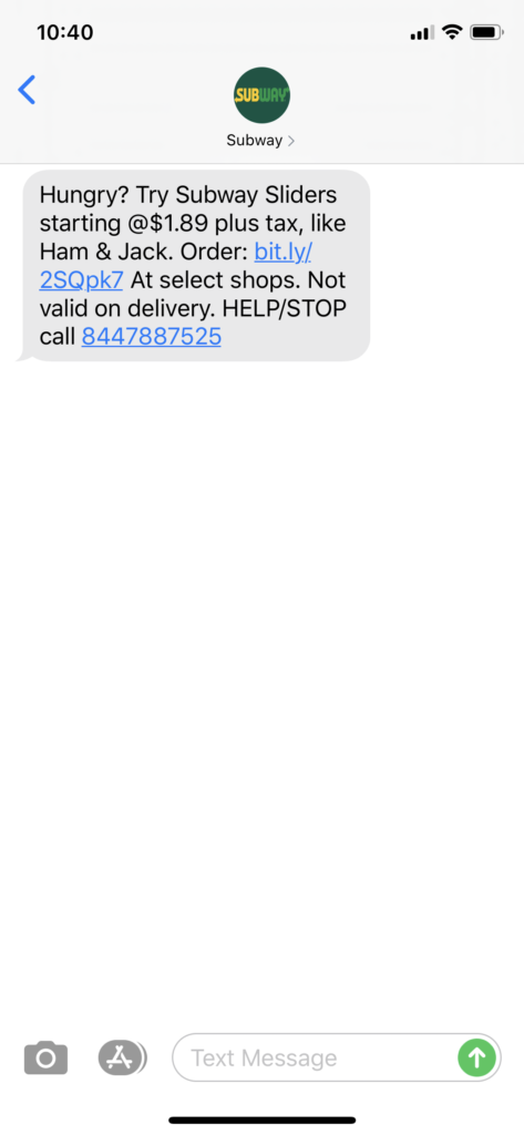 Subway Text Message Marketing Example - 02.15.2020