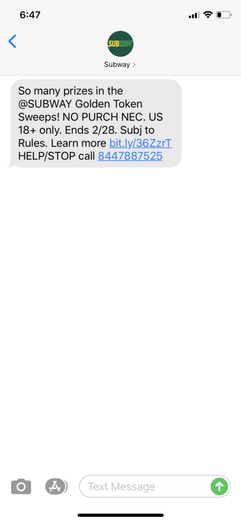 Subway Text Message Marketing Example - 02.24.2020
