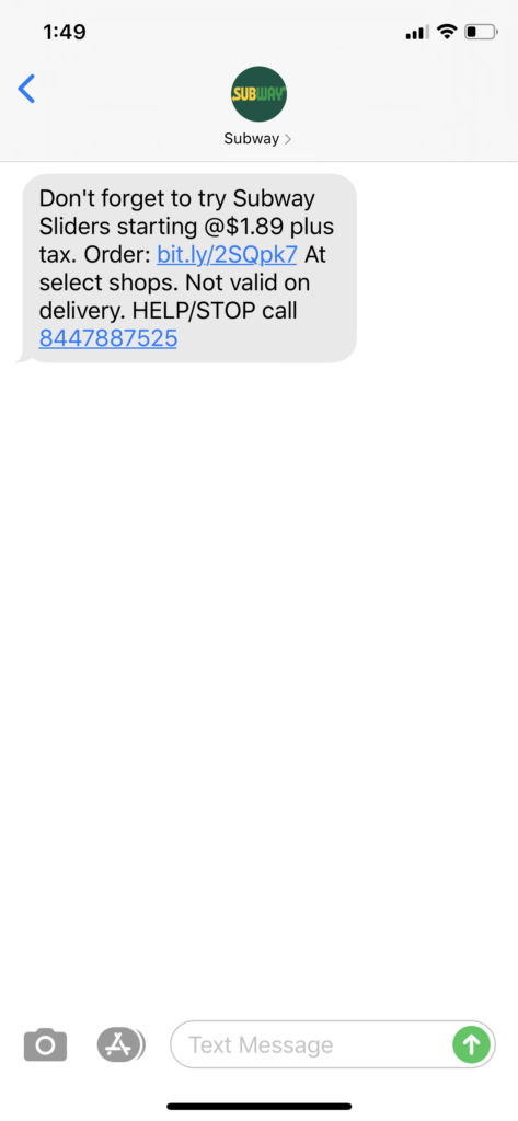 Subway Text Message Marketing Example - 02.25.2020