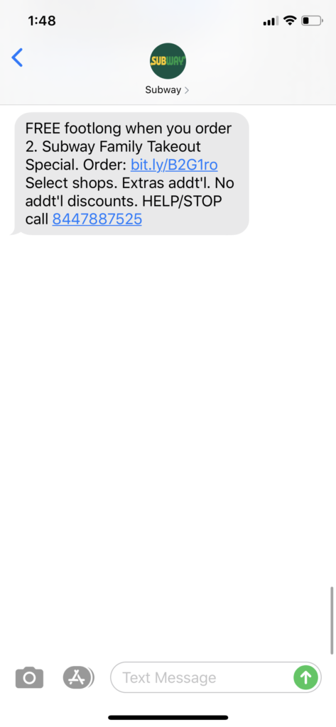 Subway Text Message Marketing Example - 03.06.2020