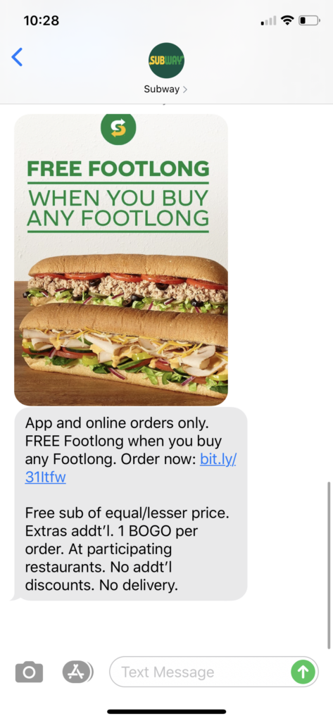 Subway Text Message Marketing Example - 03.08.2020