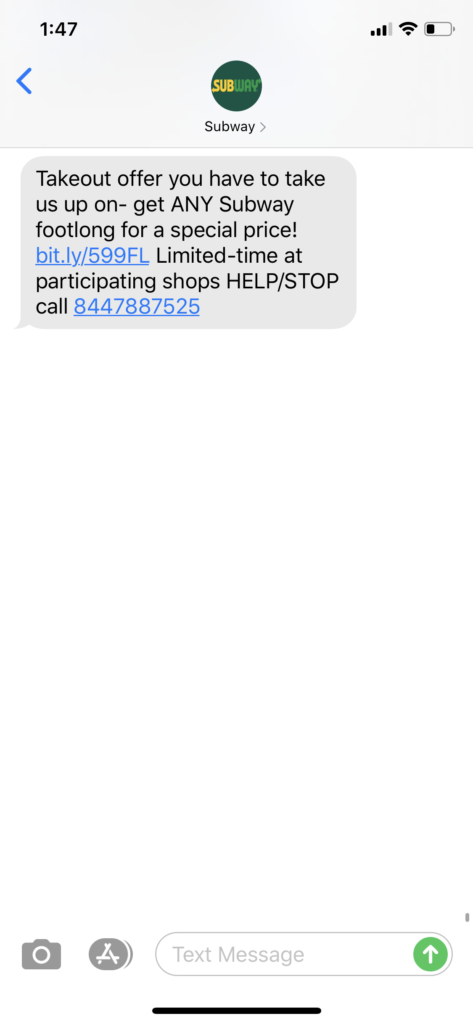 Subway Text Message Marketing Example - 03.16.2020
