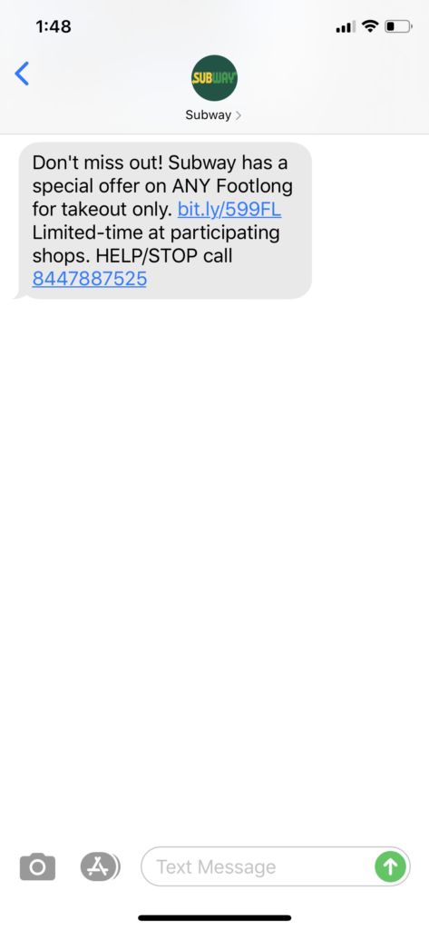 Subway Text Message Marketing Example - 03.22.2020