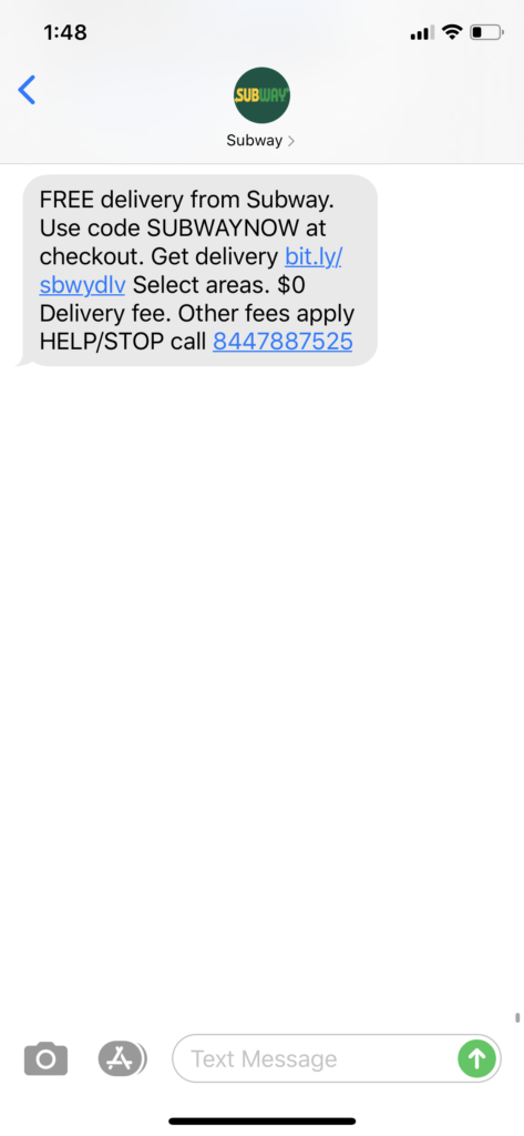 Subway Text Message Marketing Example - 03.27.2020