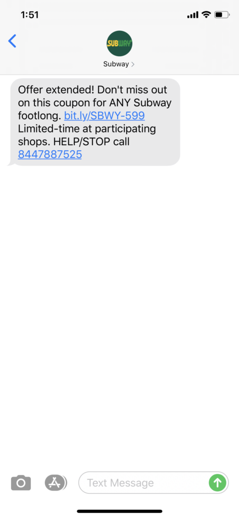 Subway Text Message Marketing Example - 04.01.2020