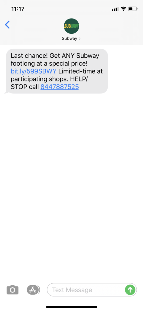 Subway Text Message Marketing Example - 04.06.2020