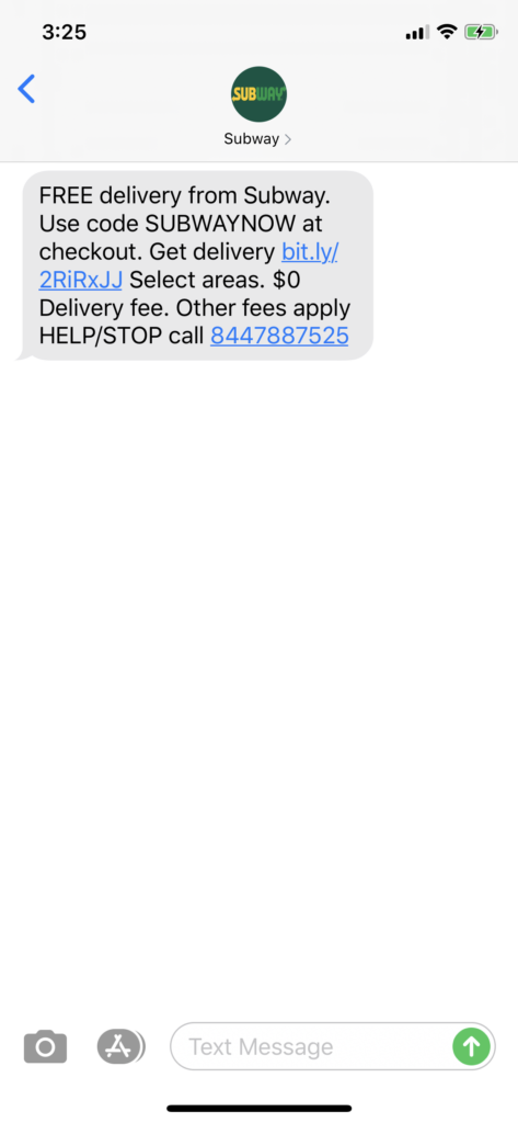 Subway Text Message Marketing Example - 04.08.2020